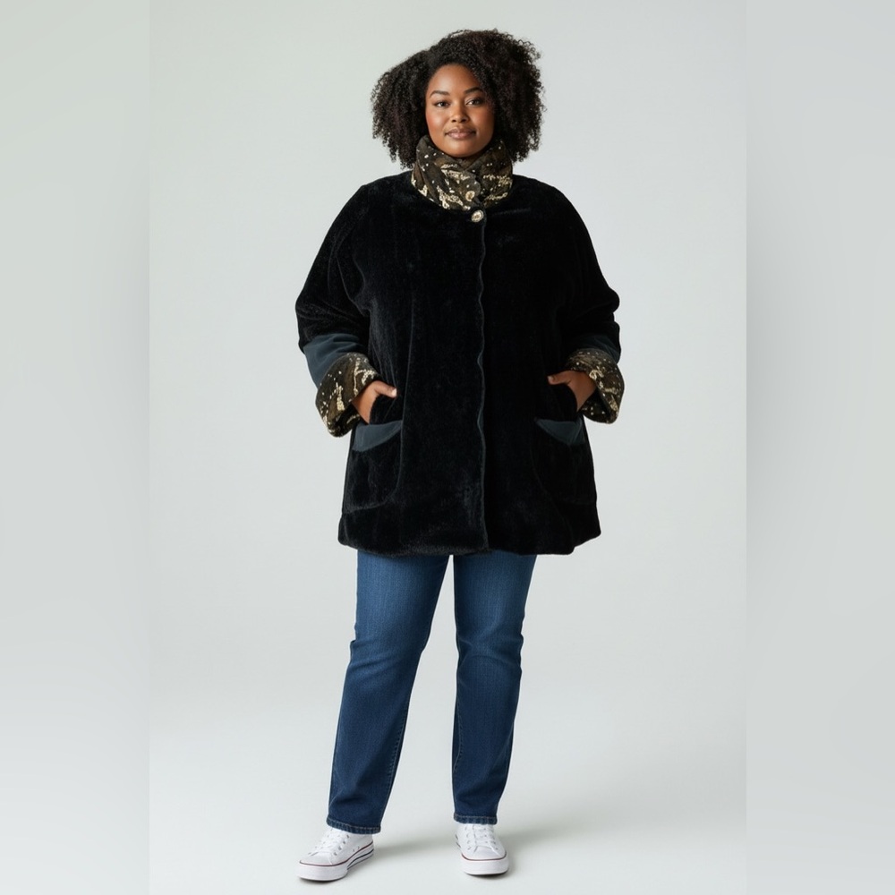 Deanna Gauthier Black Faux Fur Swing Coat Lagenlook Boho Cottagecore Luxury